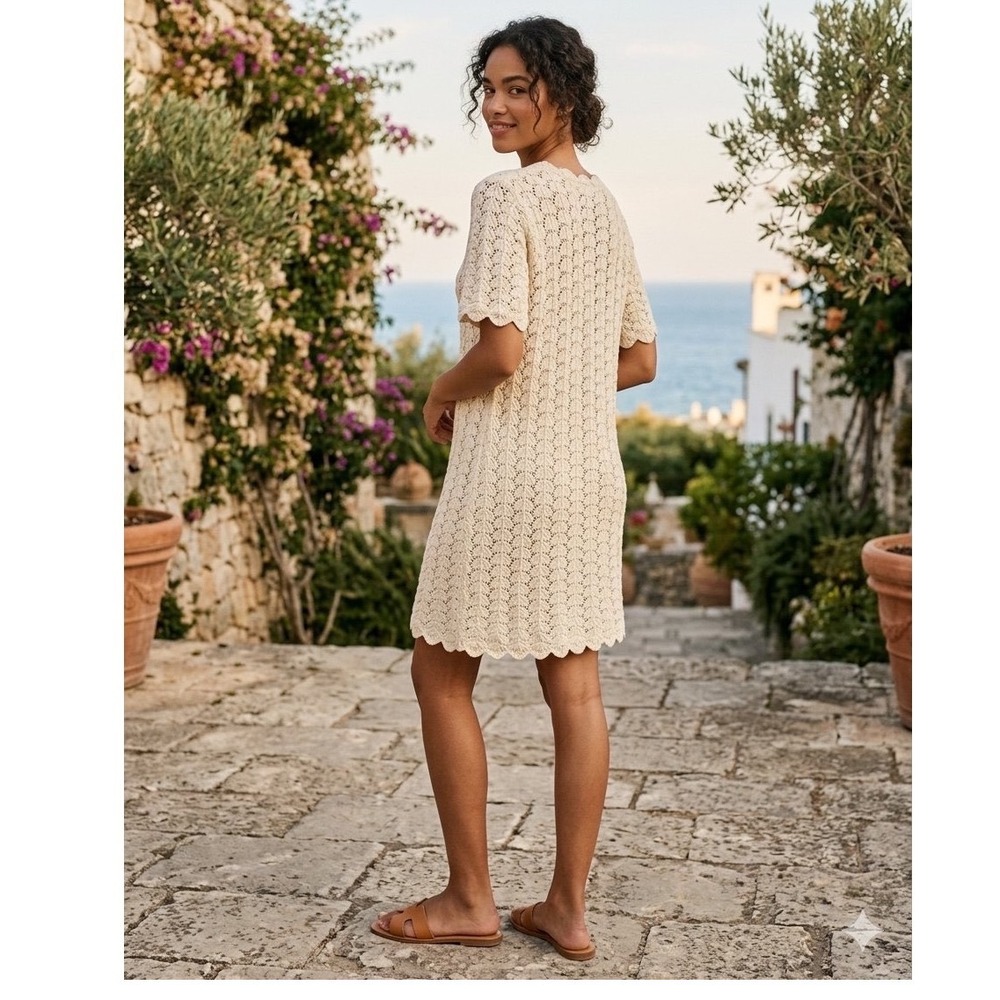 A New Day Cream Crochet Mini Dress Short Sleeve Scalloped Cotton Blend Large